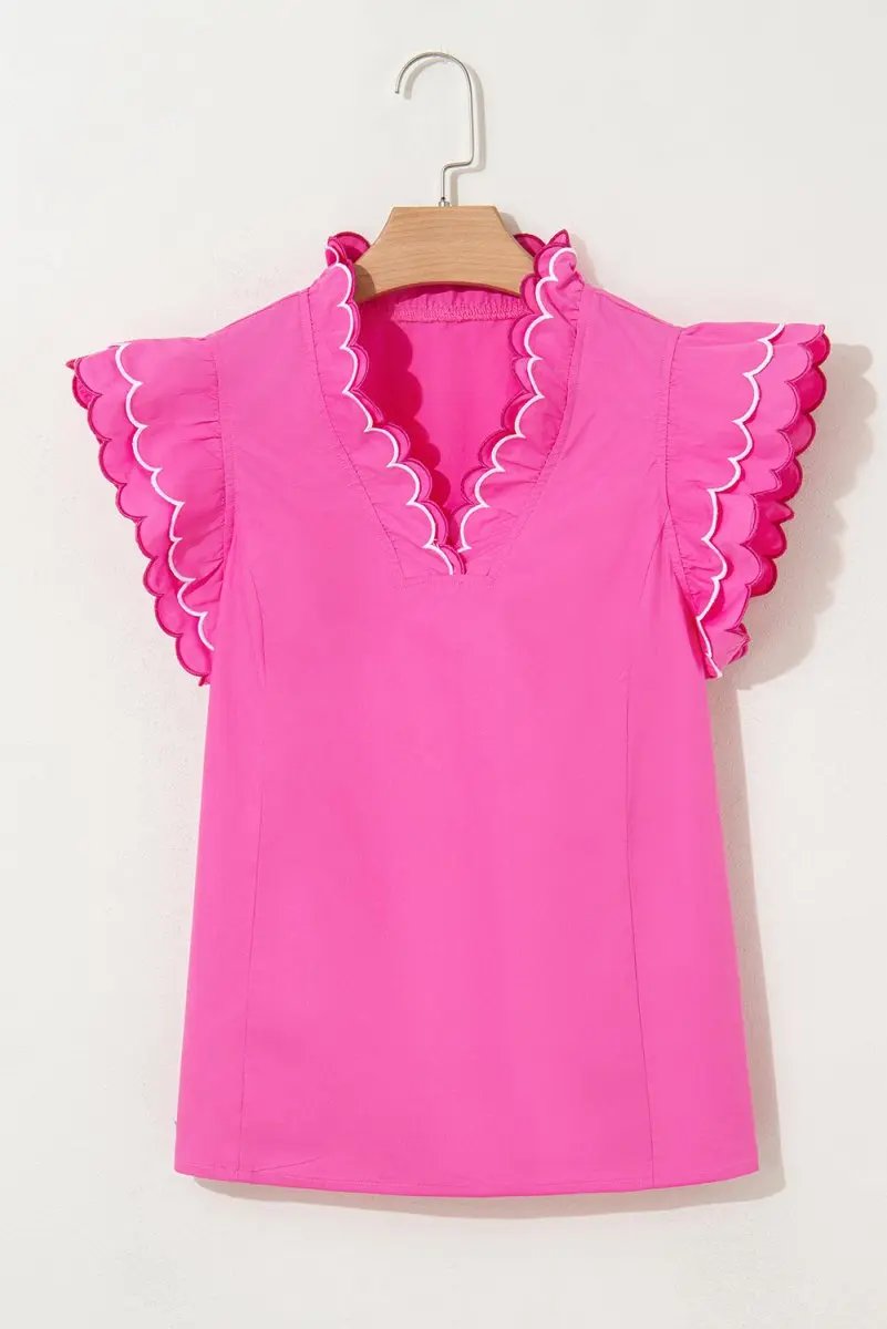 Bright Pink Contrast Scallop Trim Layered V Neck Blouse - Love Salve
